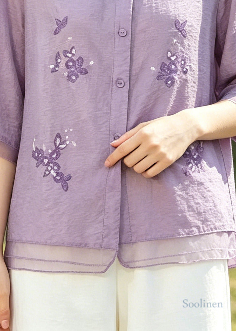 Purple Patchwork Cotton Top Embroidered Half Sleeve