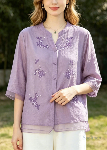 Purple Patchwork Cotton Top Embroidered Half Sleeve