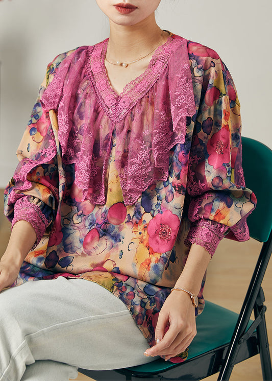 Lila Patchwork Spitze Chiffon Shirt Tops V-Ausschnitt Frühling