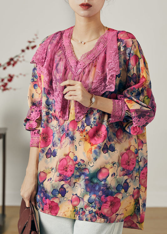 Lila Patchwork Spitze Chiffon Shirt Tops V-Ausschnitt Frühling
