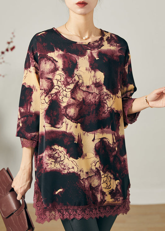 Lila Patchwork Spitze Chiffon Shirts Übergroßen Druck Frühling