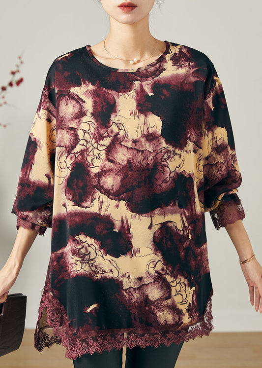 Lila Patchwork Spitze Chiffon Shirts Übergroßen Druck Frühling