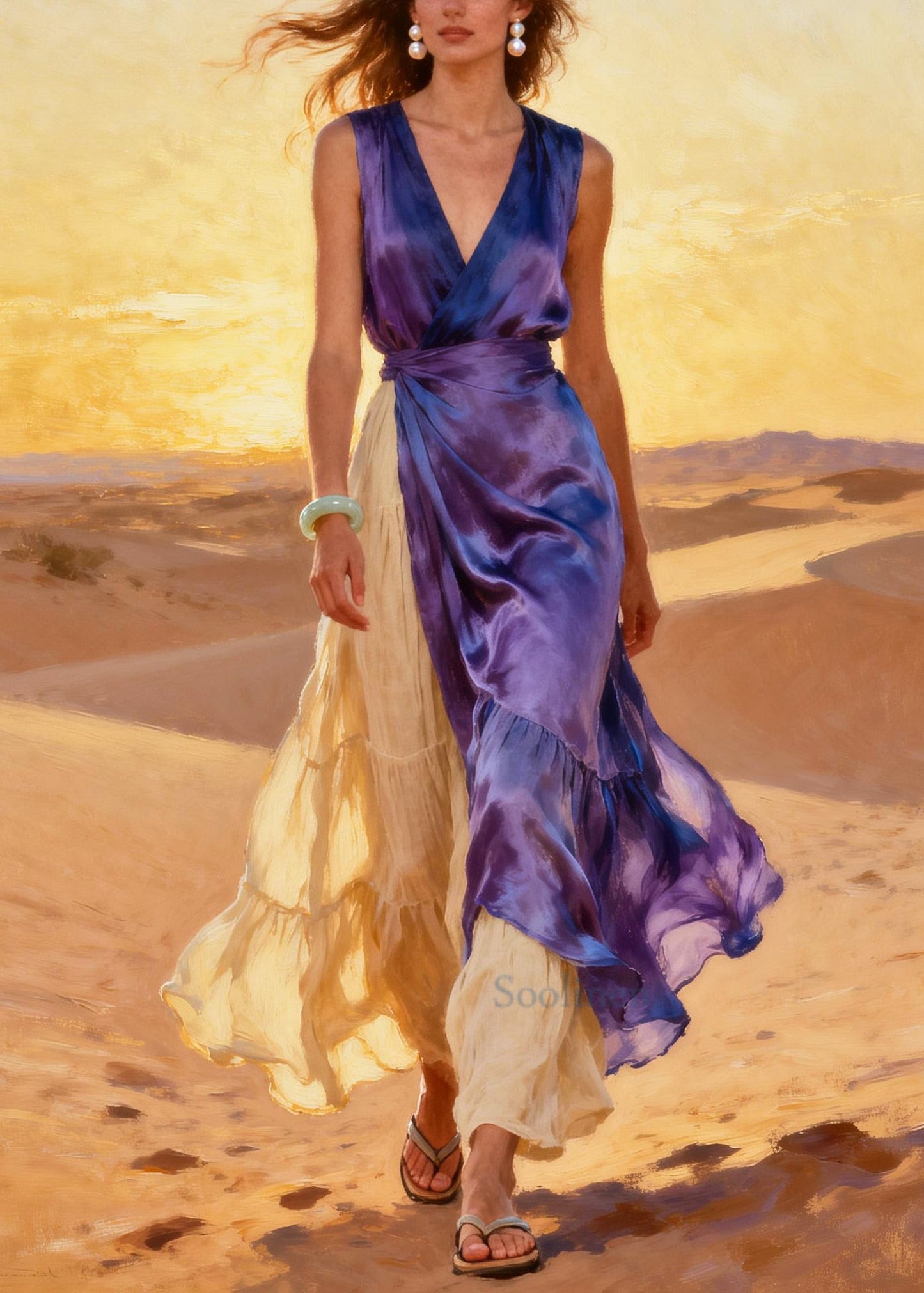 Purple Patchwork Linen Chiffon Holiday Dresses Asymmetrical Exra Large Hem Summer