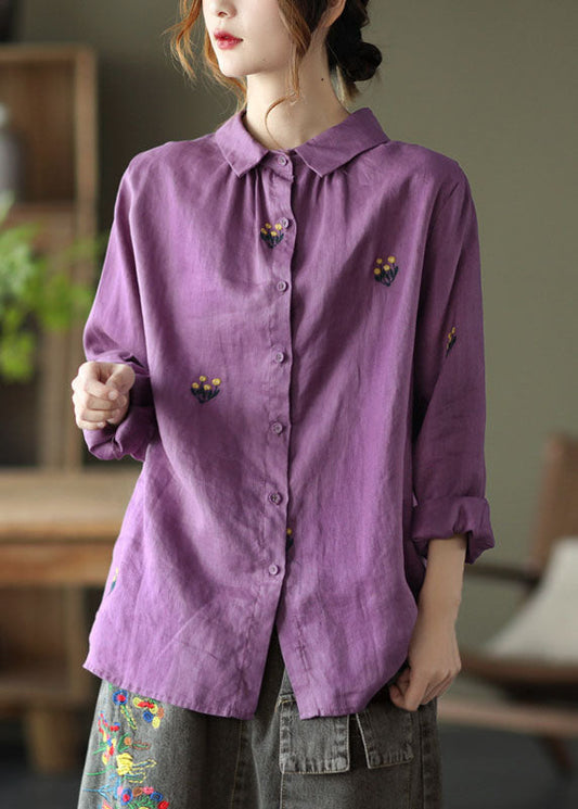 Camisas de lino con patchwork morado y cuello Peter Pan bordado para primavera