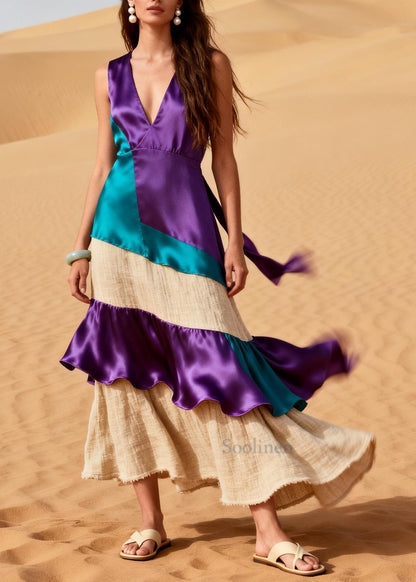 Purple Patchwork Linen Silk Dresses Asymmetrical Design Ruffles Summer