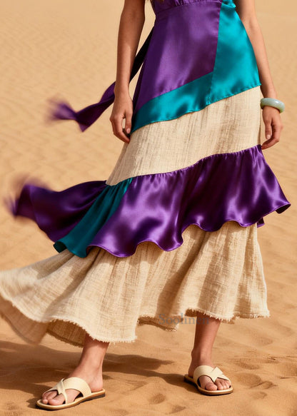 Purple Patchwork Linen Silk Dresses Asymmetrical Design Ruffles Summer