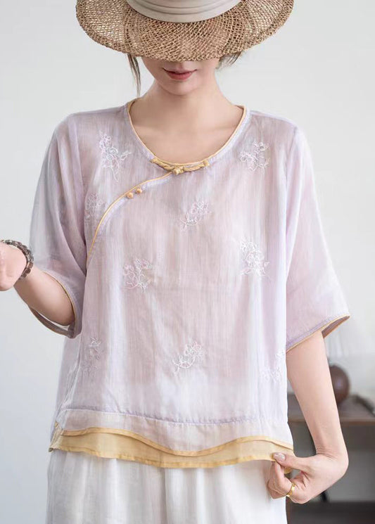 Purple Patchwork Linen Top Embroidered Chinese Button Summer