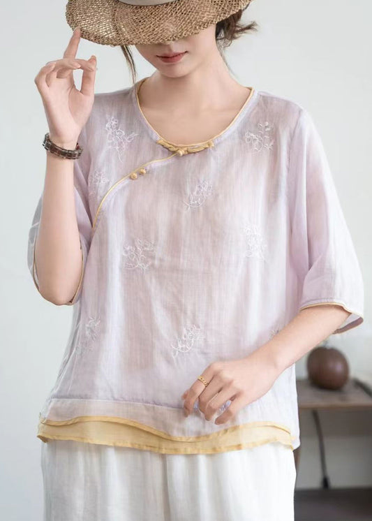 Purple Patchwork Linen Top Embroidered Chinese Button Summer