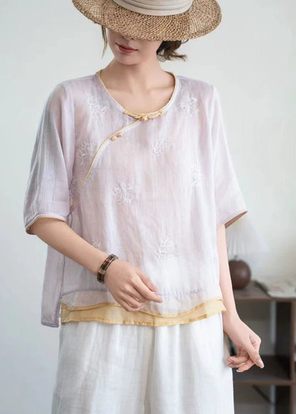 Purple Patchwork Linen Top Embroidered Chinese Button Summer