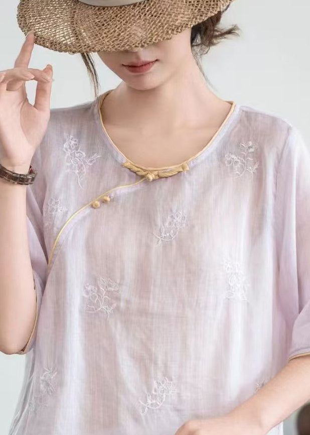 Purple Patchwork Linen Top Embroidered Chinese Button Summer