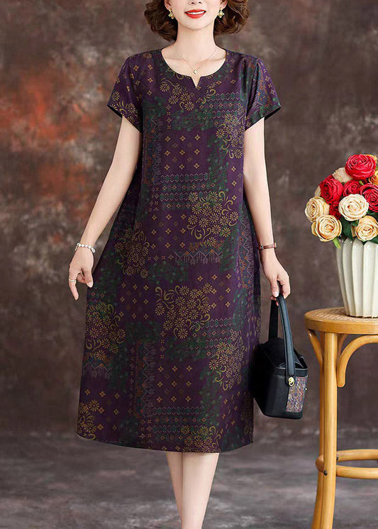Purple Patchwork Silk Long Dresses Short Sleeve