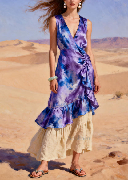 Purple Patchwork Silk Long Dresses Tie Dye Wrinkled Summer