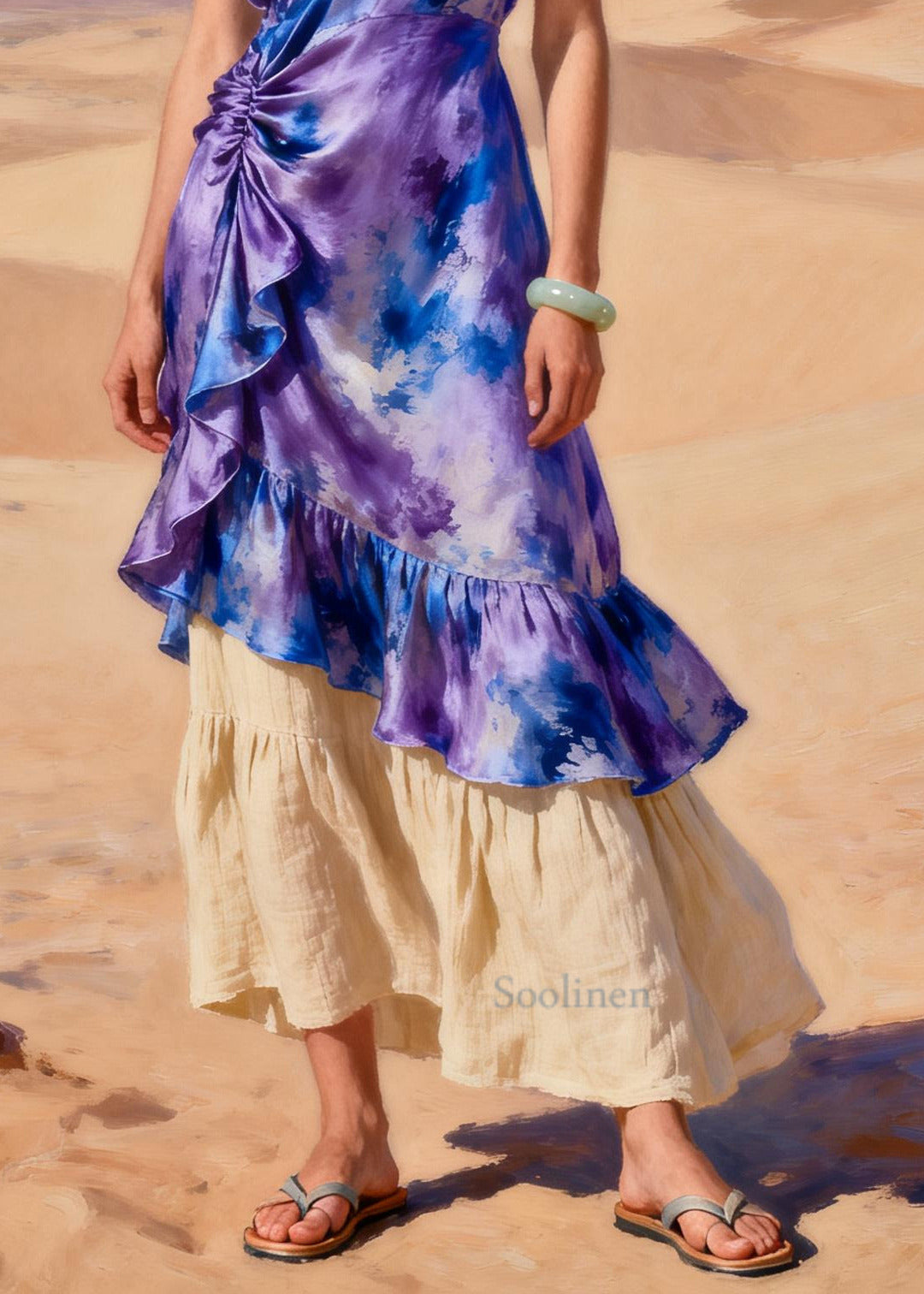 Purple Patchwork Silk Long Dresses Tie Dye Wrinkled Summer