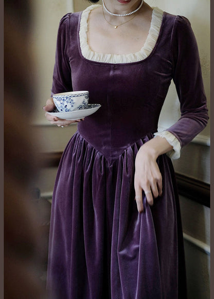 Lila Patchwork Seidenvelours Urlaubskleid Wrinkled Spring