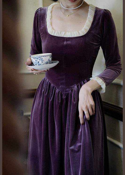 Lila Patchwork Seidenvelours Urlaubskleid Wrinkled Spring