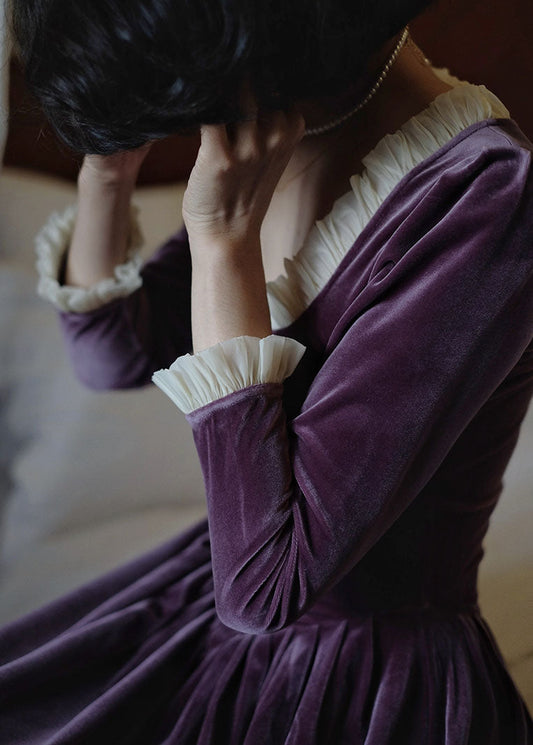 Lila Patchwork Seidenvelours Urlaubskleid Wrinkled Spring