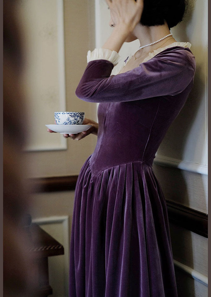 Lila Patchwork Seidenvelours Urlaubskleid Wrinkled Spring