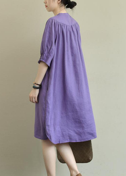 Purple Patchwork low high design Cotton Dress Half Sleeve
