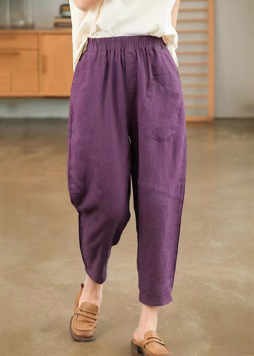 Purple Pockets Cotton Harem Pants Elastic Waist Summer