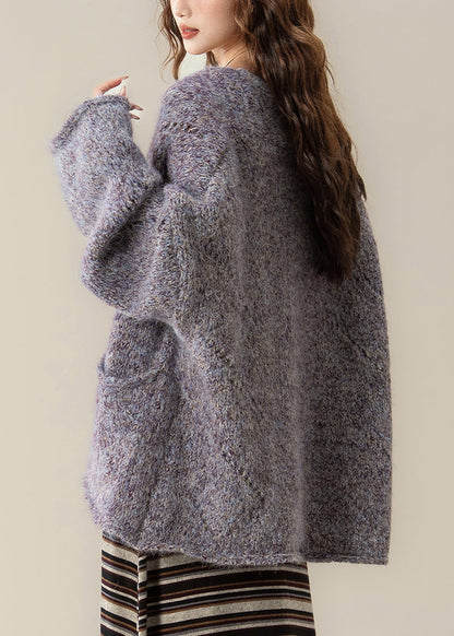 Purple Pockets Cozy Knit Loose Cardigans V Neck