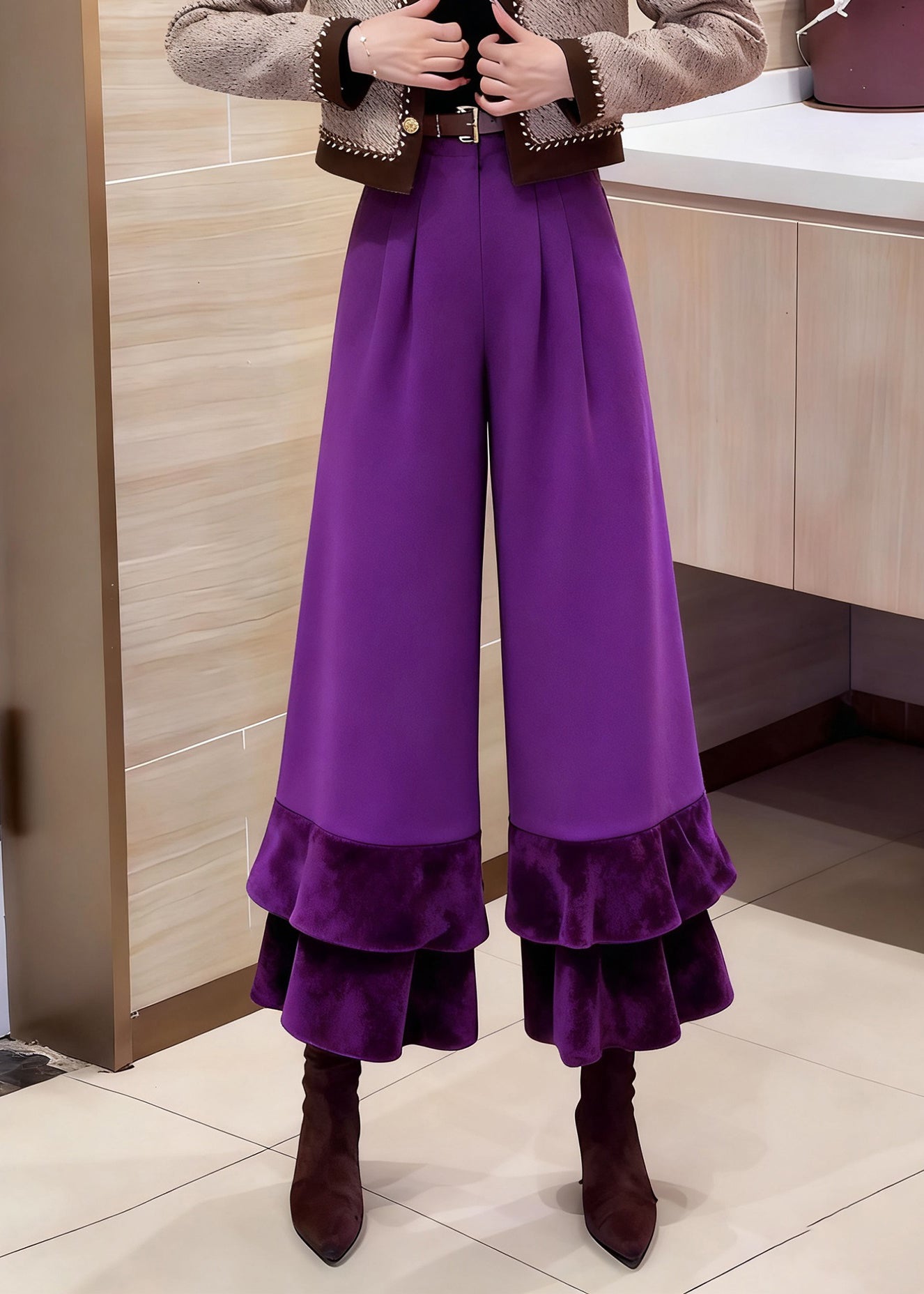 Pantalones cortos de algodón liso con cintura alta y bolsillos morados y volantes
