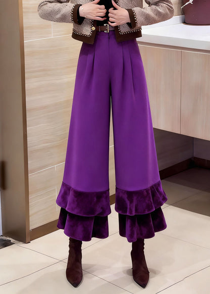 Pantalones cortos de algodón liso con cintura alta y bolsillos morados y volantes