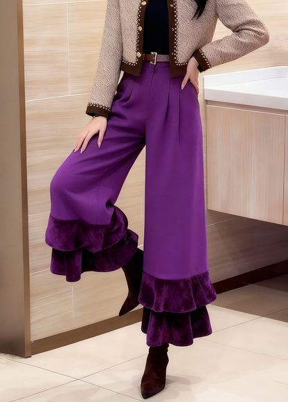 Pantalones cortos de algodón liso con cintura alta y bolsillos morados y volantes