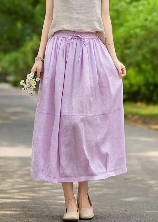 Purple Pockets Solid Linen Summer Skirts Elastic Waist