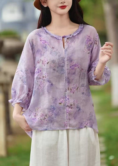 Purple Print Button Linen Shirt Ruffled Butterfly Sleeve