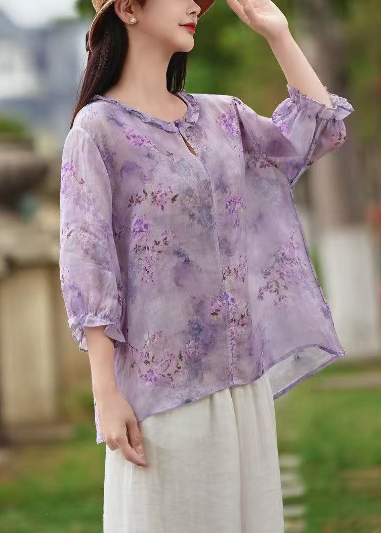Purple Print Button Linen Shirt Ruffled Butterfly Sleeve