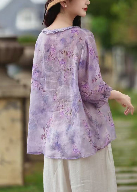 Purple Print Button Linen Shirt Ruffled Butterfly Sleeve