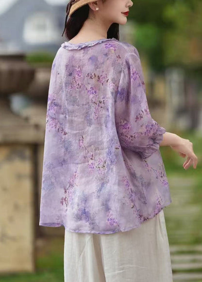 Purple Print Button Linen Shirt Ruffled Butterfly Sleeve