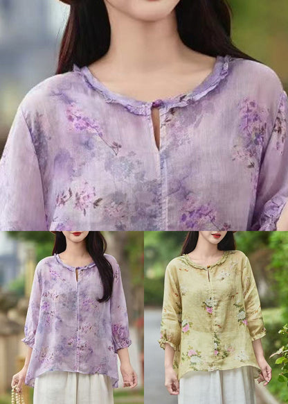 Purple Print Button Linen Shirt Ruffled Butterfly Sleeve