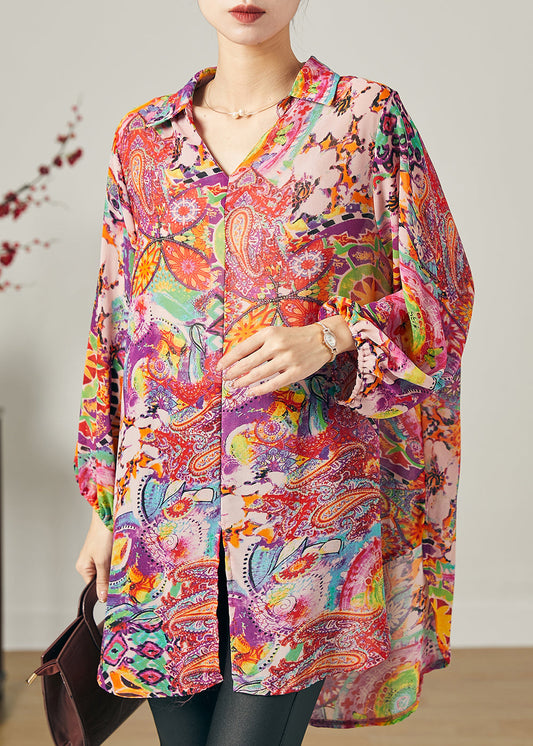 Lila Print Chiffon Bluse Top V-Ausschnitt Oversize Sommer