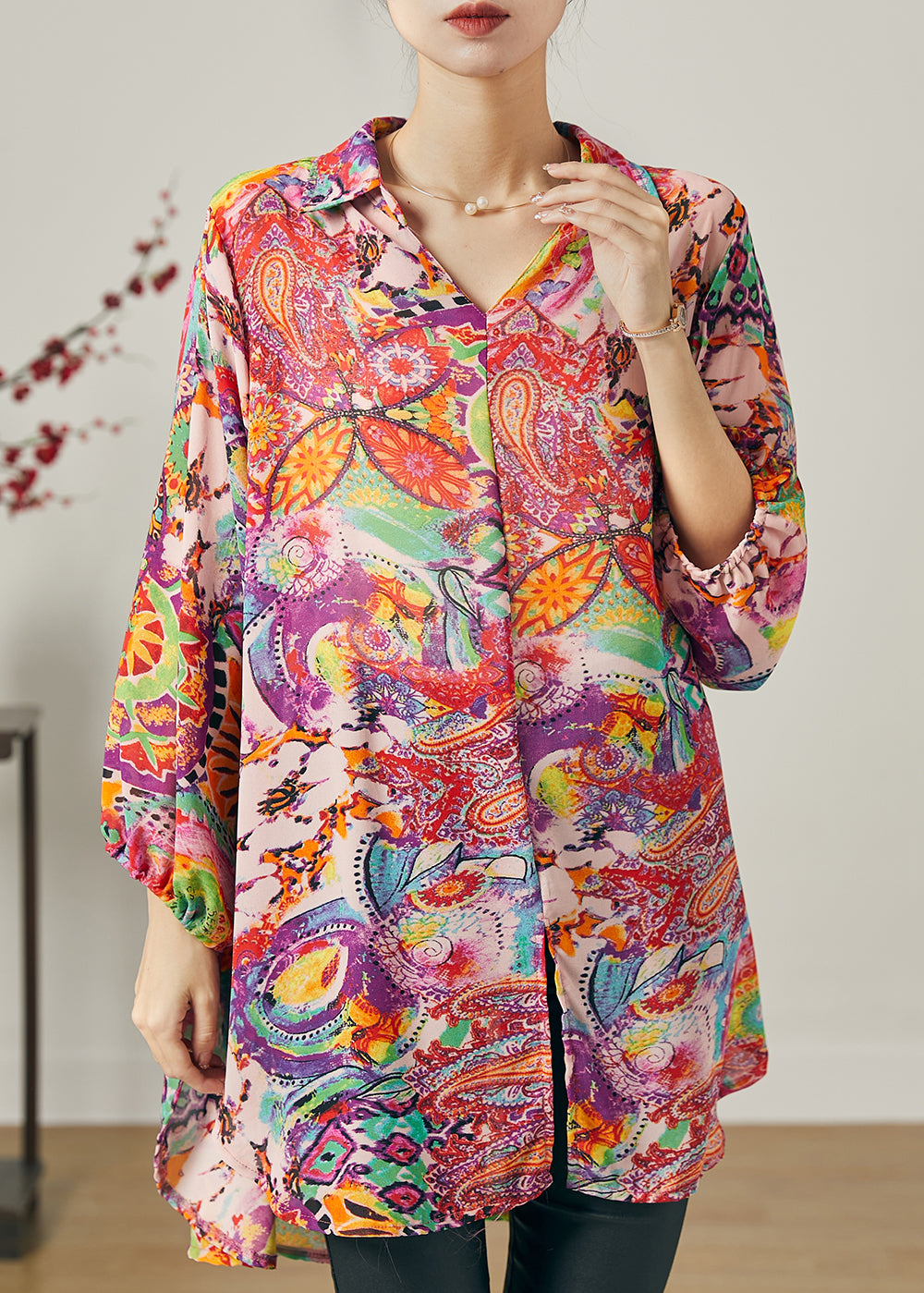 Lila Print Chiffon Bluse Top V-Ausschnitt Oversize Sommer