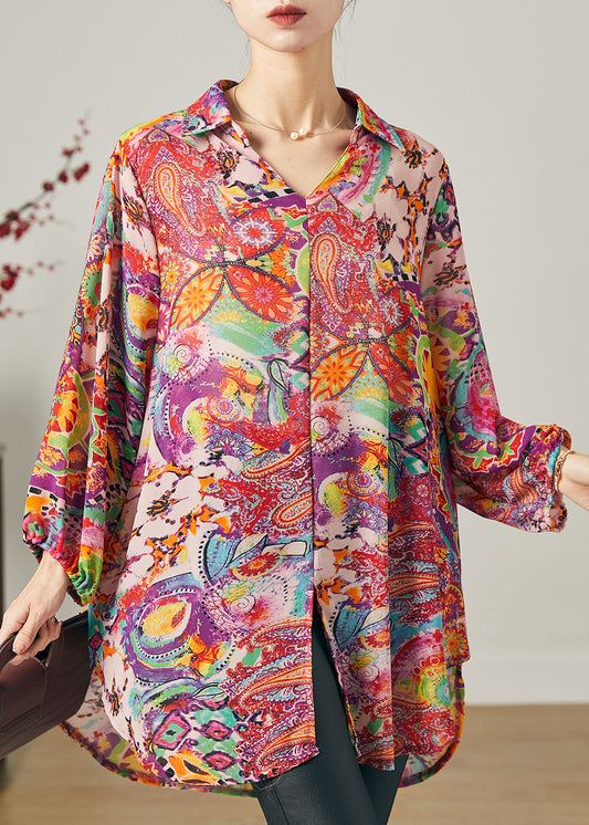Lila Print Chiffon Bluse Top V-Ausschnitt Oversize Sommer
