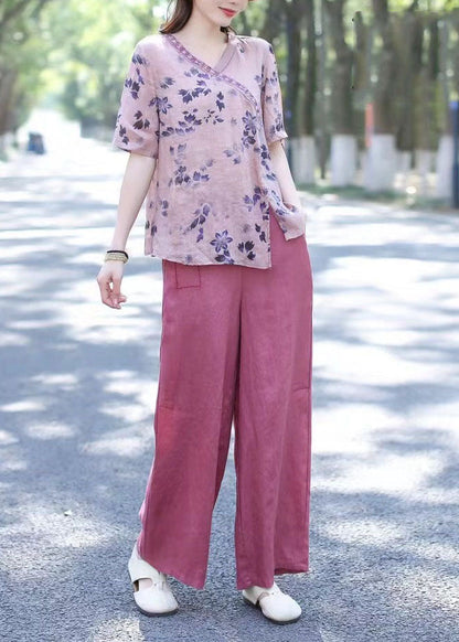 Lila Print Patchwork Lose Leinen Tops V-Ausschnitt Sommer