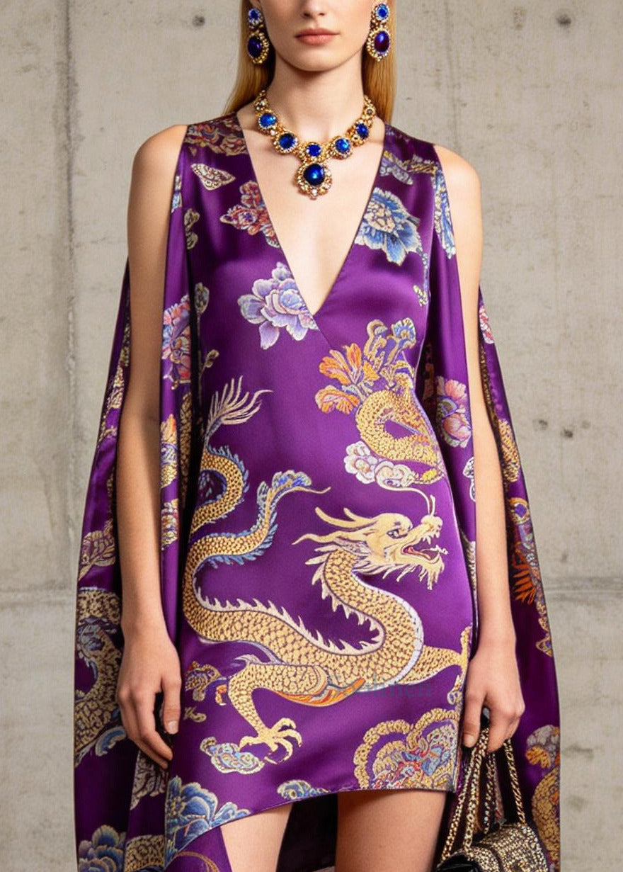Purple Print Silk Dresses Low High Design Fringe Trim Sleeveless