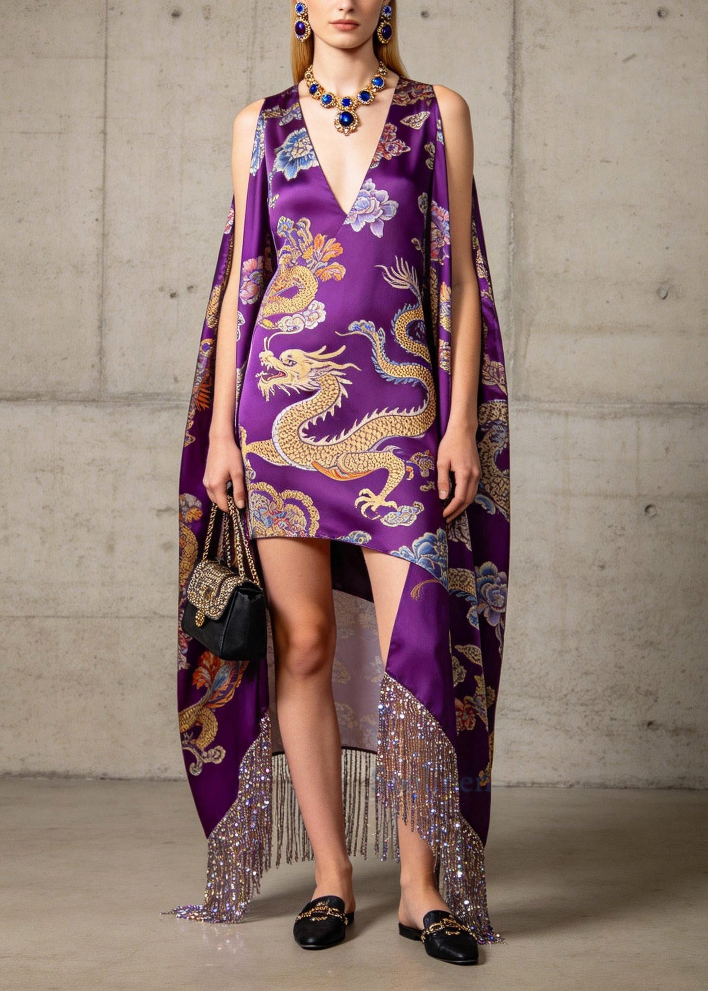 Purple Print Silk Dresses Low High Design Fringe Trim Sleeveless