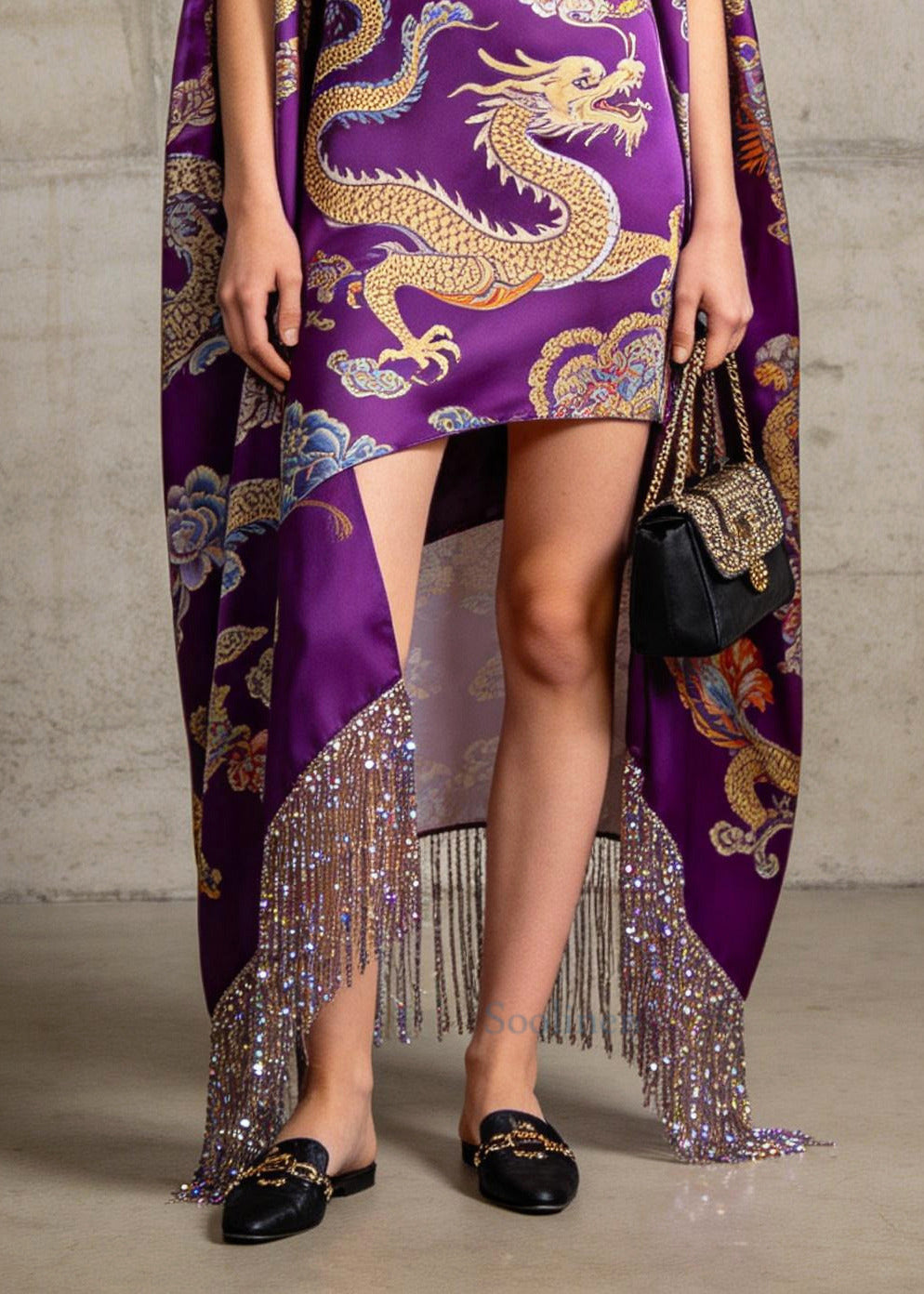 Purple Print Silk Dresses Low High Design Fringe Trim Sleeveless