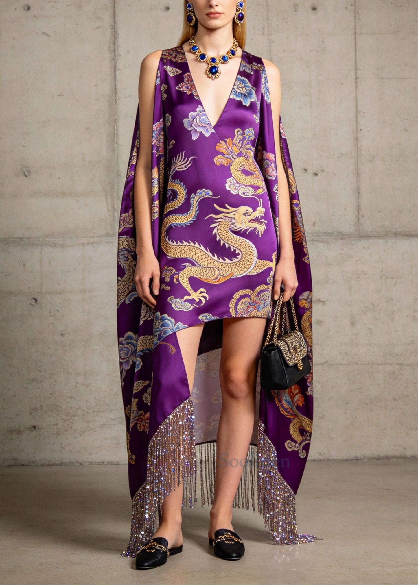 Purple Print Silk Dresses Low High Design Fringe Trim Sleeveless