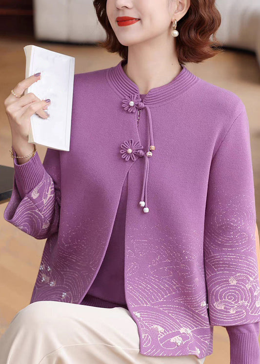 Purple Print Tassel Warm Fleece Cotton Knit Coat Spring