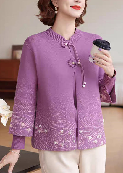 Purple Print Tassel Warm Fleece Cotton Knit Coat Spring