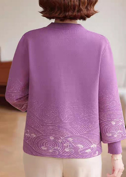 Purple Print Tassel Warm Fleece Cotton Knit Coat Spring