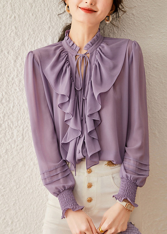 Purple Ruffled Patchwork Tie Lace Solid Shirt Spring