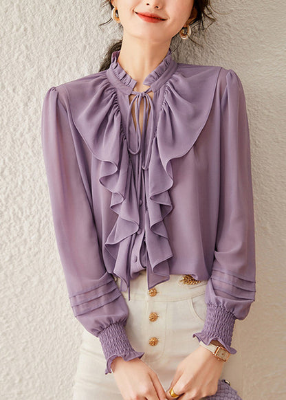 Purple Ruffled Patchwork Tie Lace Solid Shirt Spring