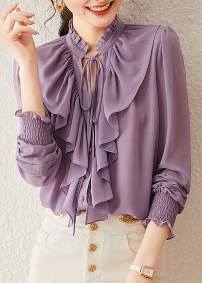 Purple Ruffled Patchwork Tie Lace Solid Shirt Spring