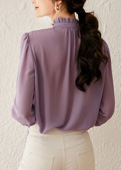 Purple Ruffled Patchwork Tie Lace Solid Shirt Spring