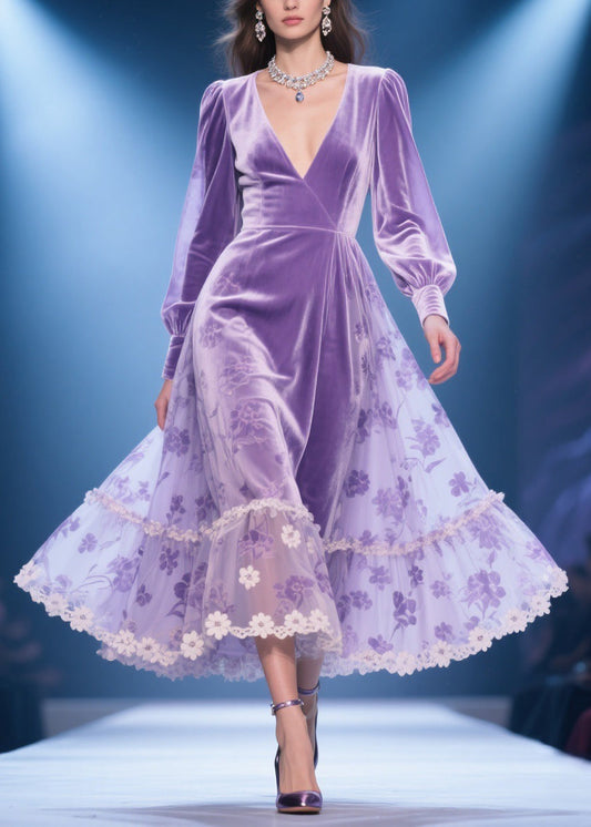 Purple Silk Velvet Lace Floral Print High Waist Party Dress V Neck Spring