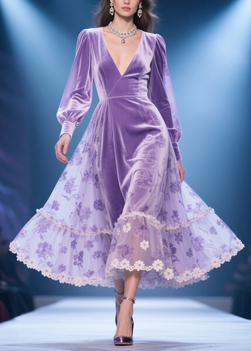 Purple Silk Velvet Lace Floral Print High Waist Party Dress V Neck Spring